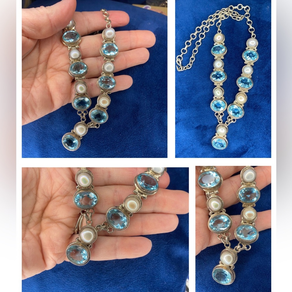 Vintage Boho Faceted Glass & Freshwater Pearl Sterling Statement Necklace